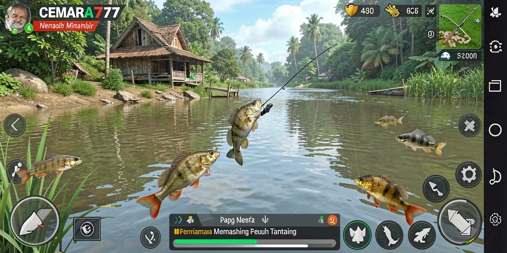 Screenshot gameplay CEMARA777 yang menunjukkan aksi menangkap ikan.