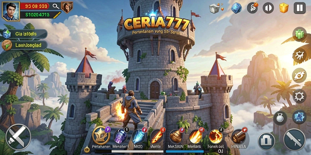 Tangkapan layar gameplay CERIA777 menampilkan pertahanan menara yang strategis.