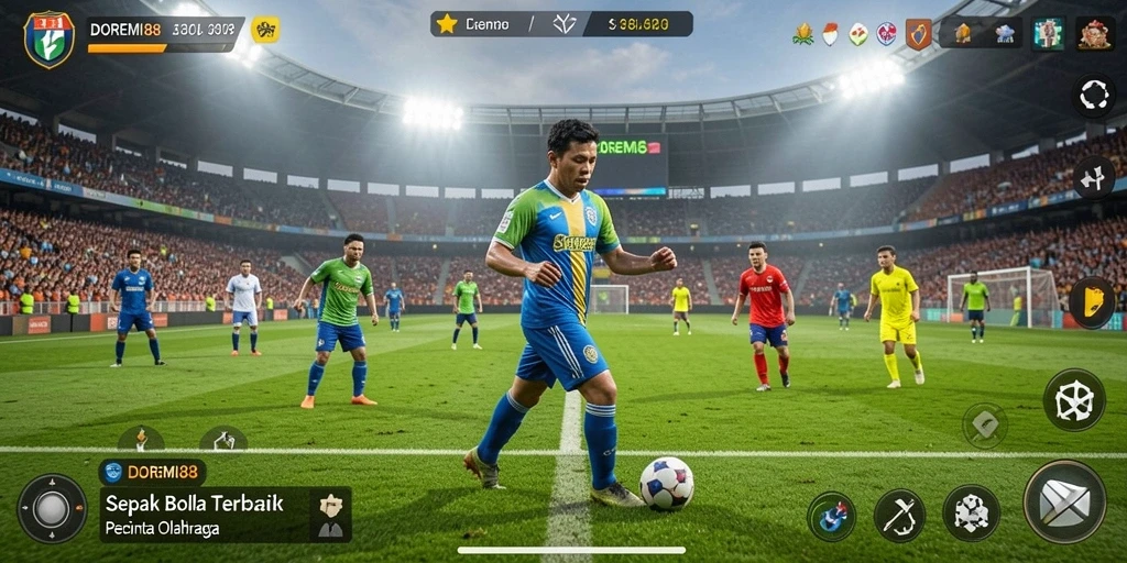Tampilan gameplay DOREMI88 dengan aksi sepak bola yang mendebarkan.