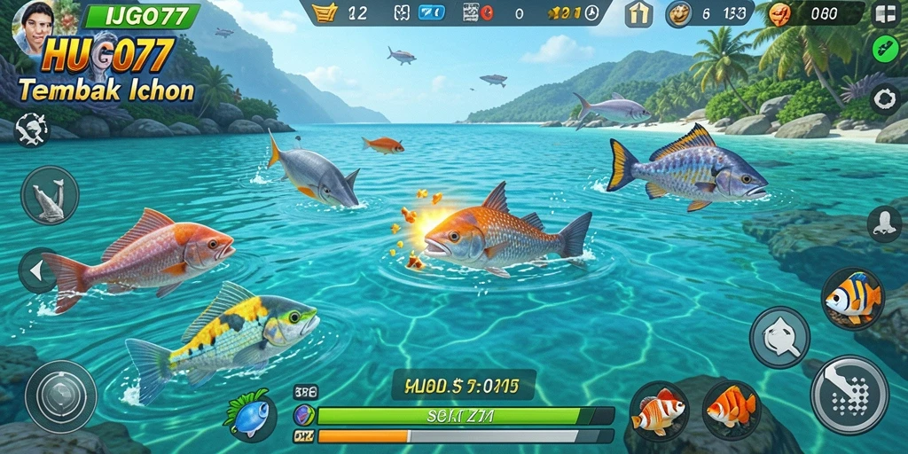 Tampilan gameplay HUGO77 dengan aksi menembak ikan yang seru.