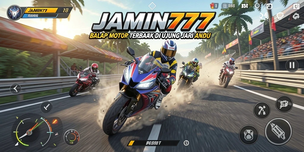 Tampilan gameplay <strong>JAMIN777</strong> menampilkan balapan motor yang mendebarkan dan penuh aksi.
