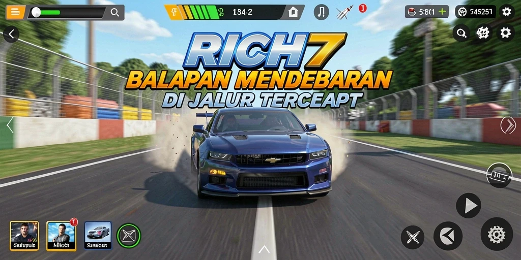 Screenshot RICH7 menampilkan aksi balapan menegangkan dengan mobil tercepat.