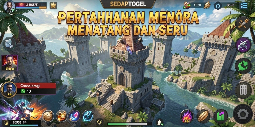 Gameplay SEDAPTOGEL dengan menara yang membela dari serangan musuh.